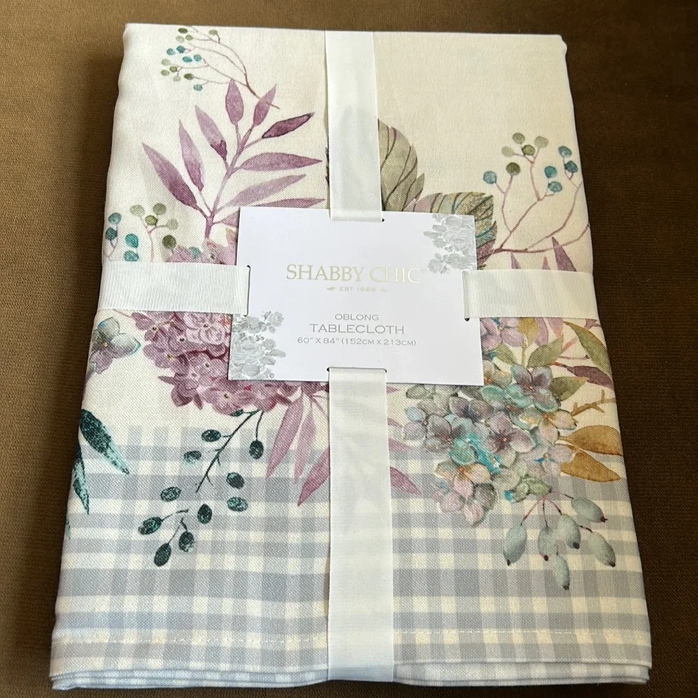 Shabby Chic Tablecloth Plaid Hydrangeas Country floral New 60”x84”